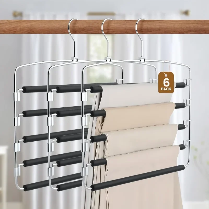 

Pants Hangers, 6 Pack Anti-Slip Space Saving Hangers, 5 Layer Swing Arm Pants Hanger Stainless Steel with Non-Slip Padding,