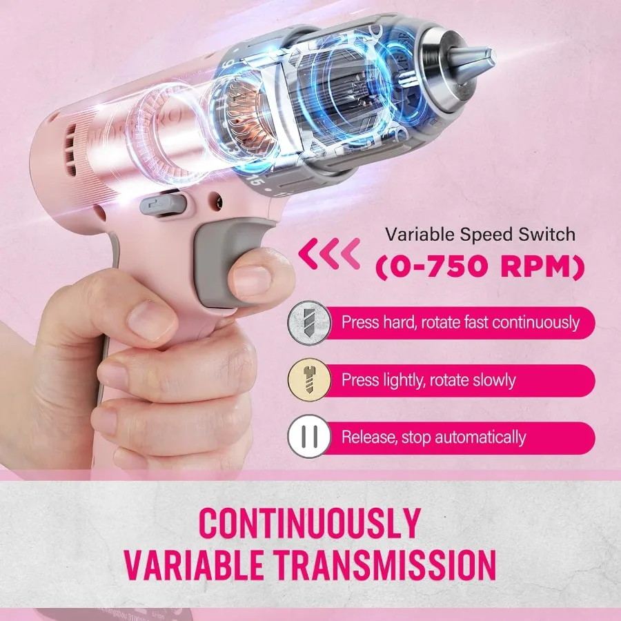 Perceuse sans fil rose, ensemble de tournevis, perceuse électrique 12V, Kit d'outils avec 6 embouts, mandrin sans clé de 3 ou 8 pouces, vitesse Variable 18 Touque