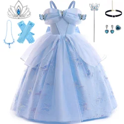 Cinderella Girls Blue Cosplay Costume Sequins Butterfly Princess Dress+Accessories Kids Carnival Halloween Birthday Party Gown