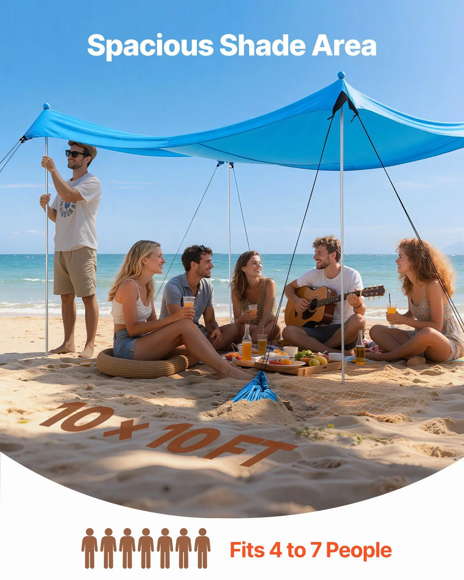 Beach Tent Sun Shelter, UPF50+ Sun Protection, 6.6 ft Tall, 10x10 ft, Easy Pop Up Beach Canopy with 8 Sandbags, Stability Poles, Sand Shovels, Portable Shade for Family Outings, Camping, Fishing