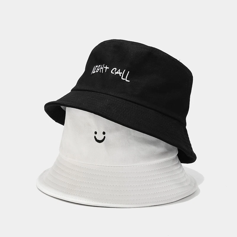 Unisex NIGHT CALL Letter & Smile Face Embroidered Bucket Hat Casual Cotton Sun Hat For Outdoor Travel