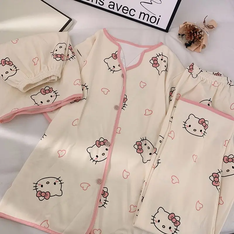 

Sanrio Hello Kitty Kawaii Pajamas Set Cartoon Print Long-Sleeved Round Neck Cardigan Cute Home Clothes Gift for Girlfriend 3Pcs