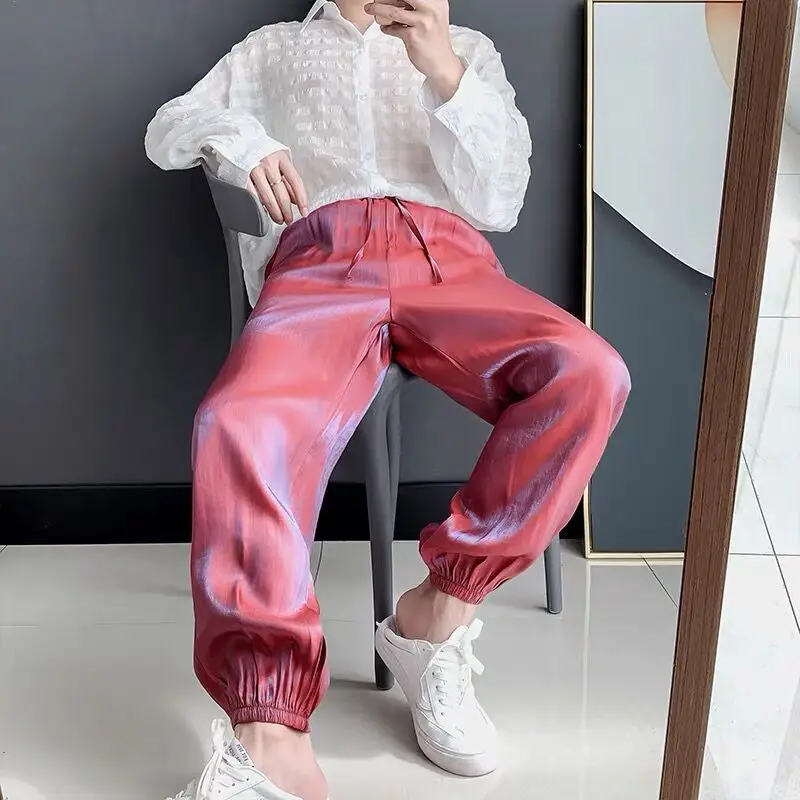 Men Holographic Bling Reflective Pants Summer Draped Silk Thin Soft Quick Dry Pants Dance Party Singer Punk Hip Hop Trousers