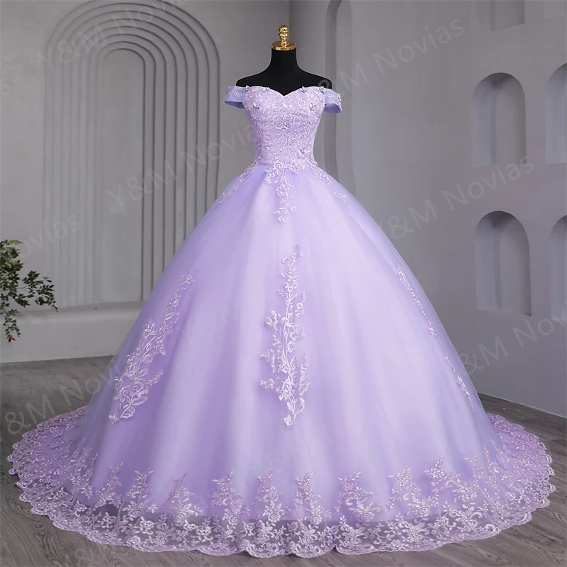 Custom Color Sweet 16 Dress Pink Off Shoulder Plus Size Vestido De Noiva Purple Quinceanera Dress Ball Gown Flower Women Train