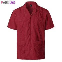 Camisa cubana de manga corta con cuatro bolsillos para hombre, camisa con cuello de campamento, color rojo vino, para boda y playa