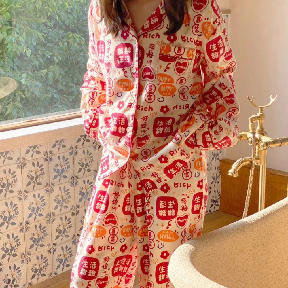 Sweet Cartoon Print Women\'s Pajama Sets Korean Fashion Cute Kawaii Graphic Sleepwear for Sleeping Spring Autumn Women\'s Pajamas