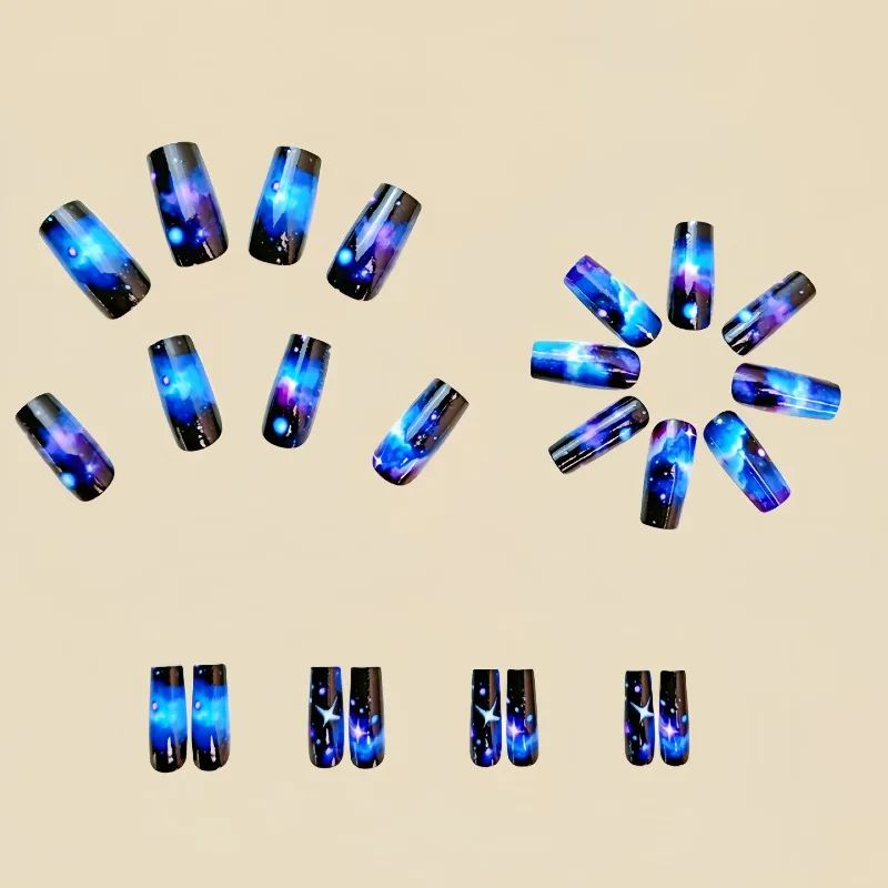 24 Pcs Fake Nails with Glue Long Press on Nails with Charms Colorful Dragon Gradient Nail Tips Cloudy Starry Sky Square Black