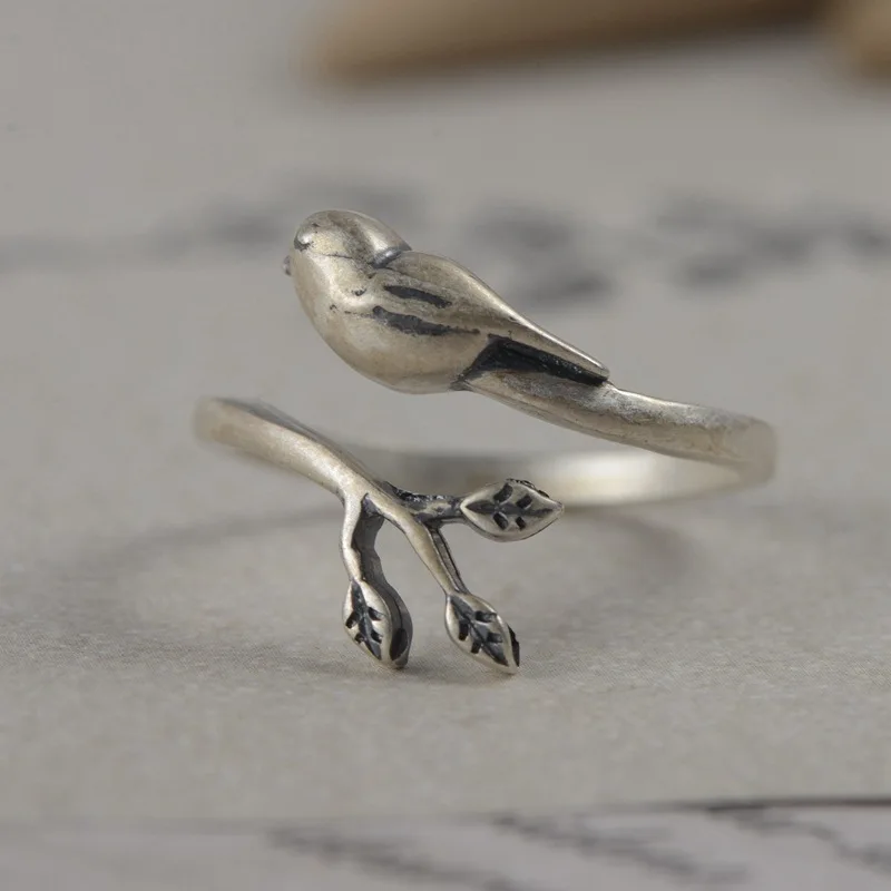 Buyee 925 Sterling Silver Small Ring Finger Cute Bird Animal Open Ring for Woman Fashion Retro Ethnic Fine Jewelry Circle