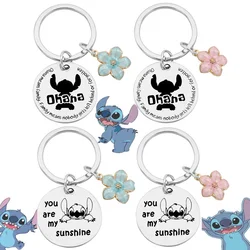 Disney Cartoon Character Stitch Around Engraved Stainless Steel Keychain Petal Metal Creative Personality Pendant Birthday Gift