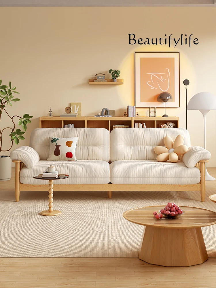 

Japanese Style Log Style Solid Wood Sofa Living Room Cream Small Apartment Retro Cotton Linen Fabric Sofa