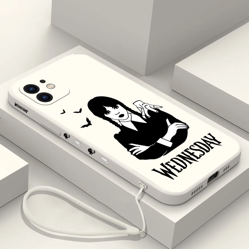 Wednesdays Addams Phone Case For iPhone 15 14 13 12 11 Pro Max Mini X XR XS MAX SE20 8 7 6S Plus Silicone Cases with Hand Strap