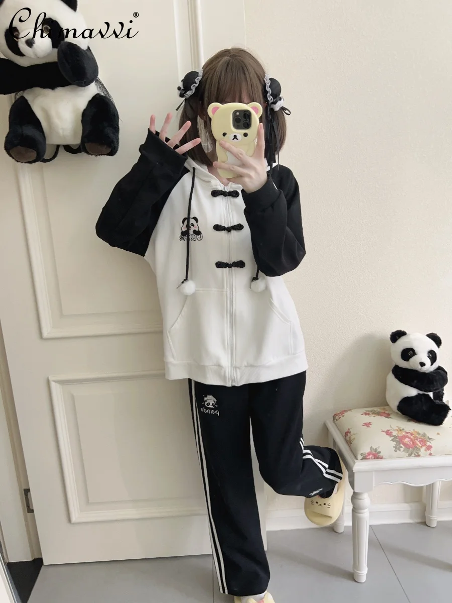 Original Japanese Cute Soft Girl Shoulder Sleeve Panda Print Hooded Jacket Trousers Two-piece Set Autumn Sports Leisure Outfit