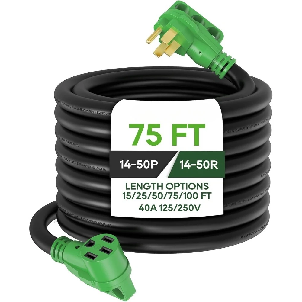 Free Delivery - 40 Amp 75 Foot RV/EV Extension Cord,NEMA 14-50P/R Heavy Duty Extension Cord w/LED Power Indicator&Cord Organizer