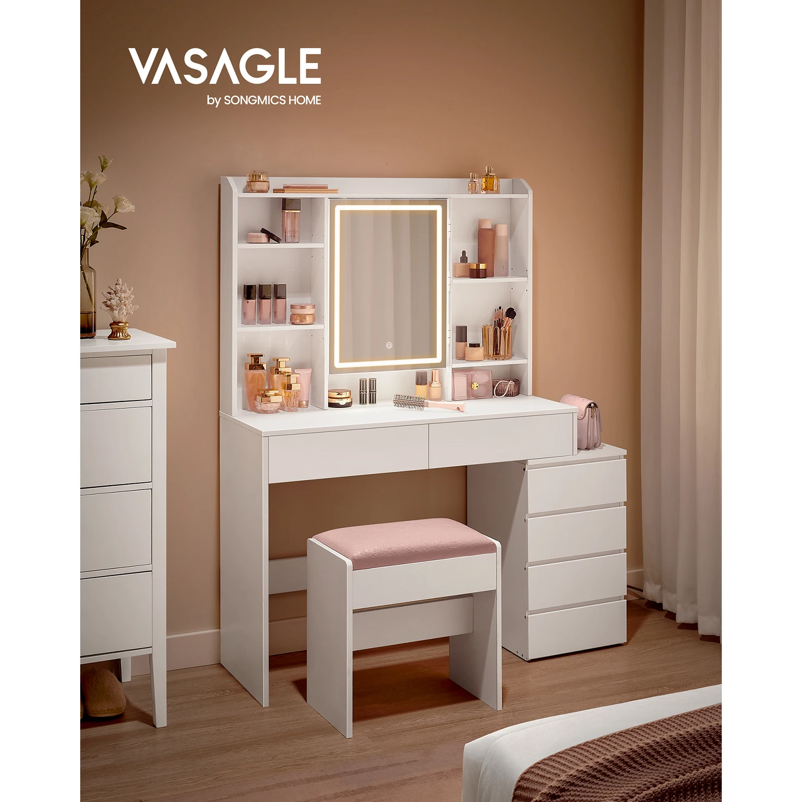 VASAGLE Makeup Vanity: Adjustable LED Lights, Mirror, Open Compartments, Shelves, Makeup Station in Cloud White