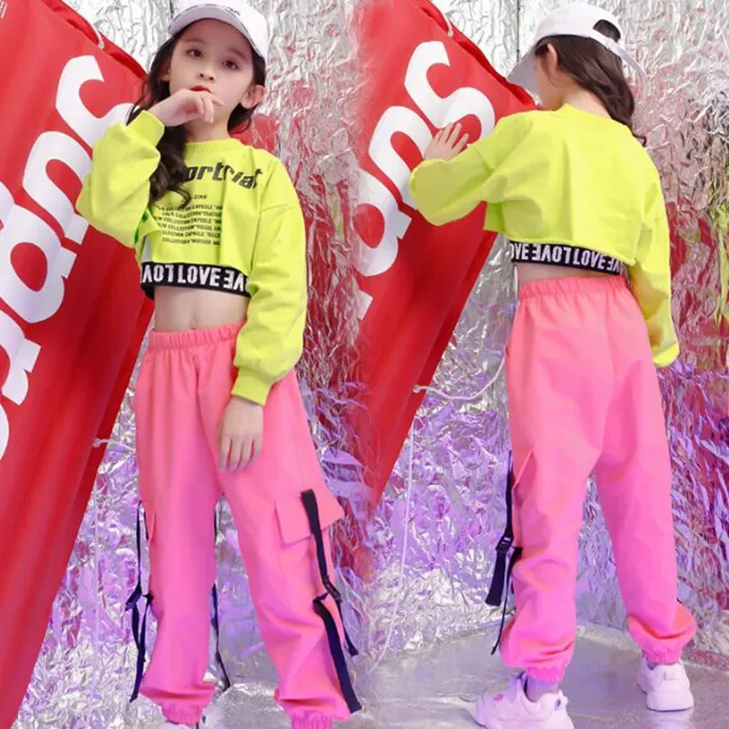 Children Hip Hop Clothing Green Sweatshirt Top Crop Casual Pants Girl Kids Jazz Dance Wear Costume Ballroom Dancing Clothes