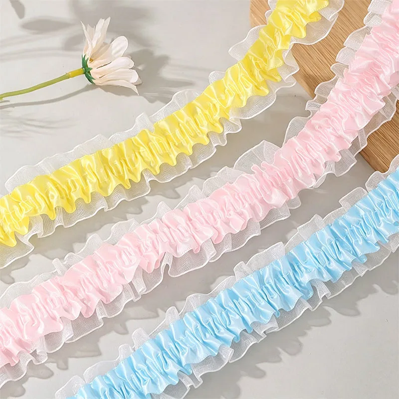 1/5Meters 4cm Wide Double‑Layer Elastic Ruffle Lace Trim Satin Tulle Gathered Frill For Lolita Dress Doll Bags Hair Sewing Decor