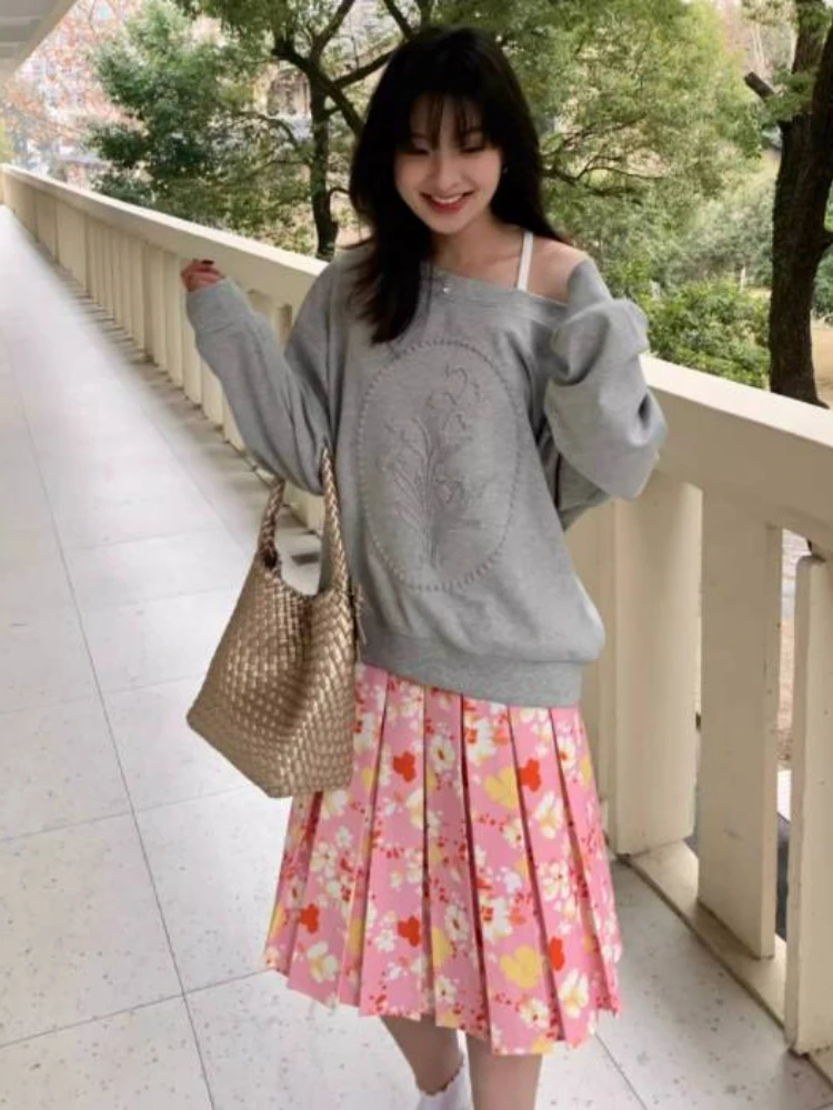 

Contrast Color Flower Print Pleated Skirt Women 2025 Summer High Waist Slim Fit A-line Midi Skirts Sweet Y2k Streetwear