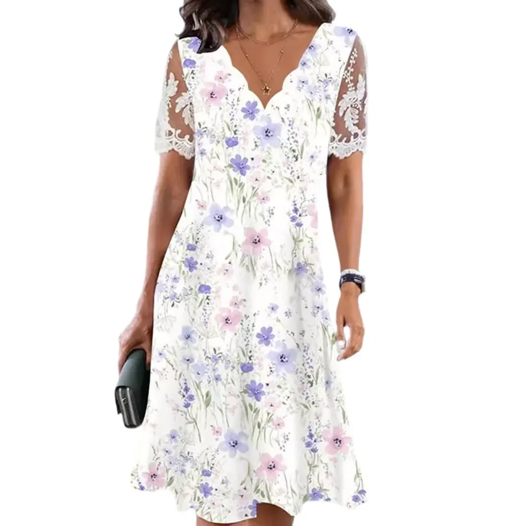 Vestido estampado Floral de encaje de manga corta con cuello en V Vestidos Midi informales una línea Slim Fit empalmado Vestidos playa verano 2025