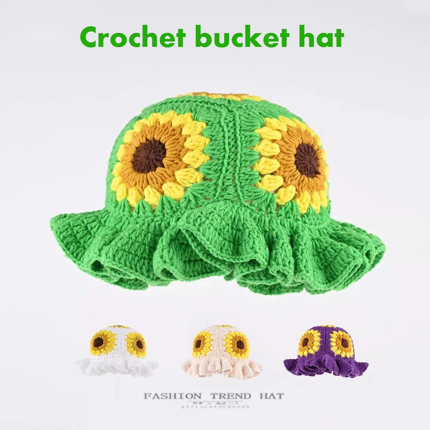 

Korean Sunflower Lotus Leaf Brim Handmade Crochet Wool Basin Hat Women's Autumn Winter Warm Sweet Knitted Bucket Hat