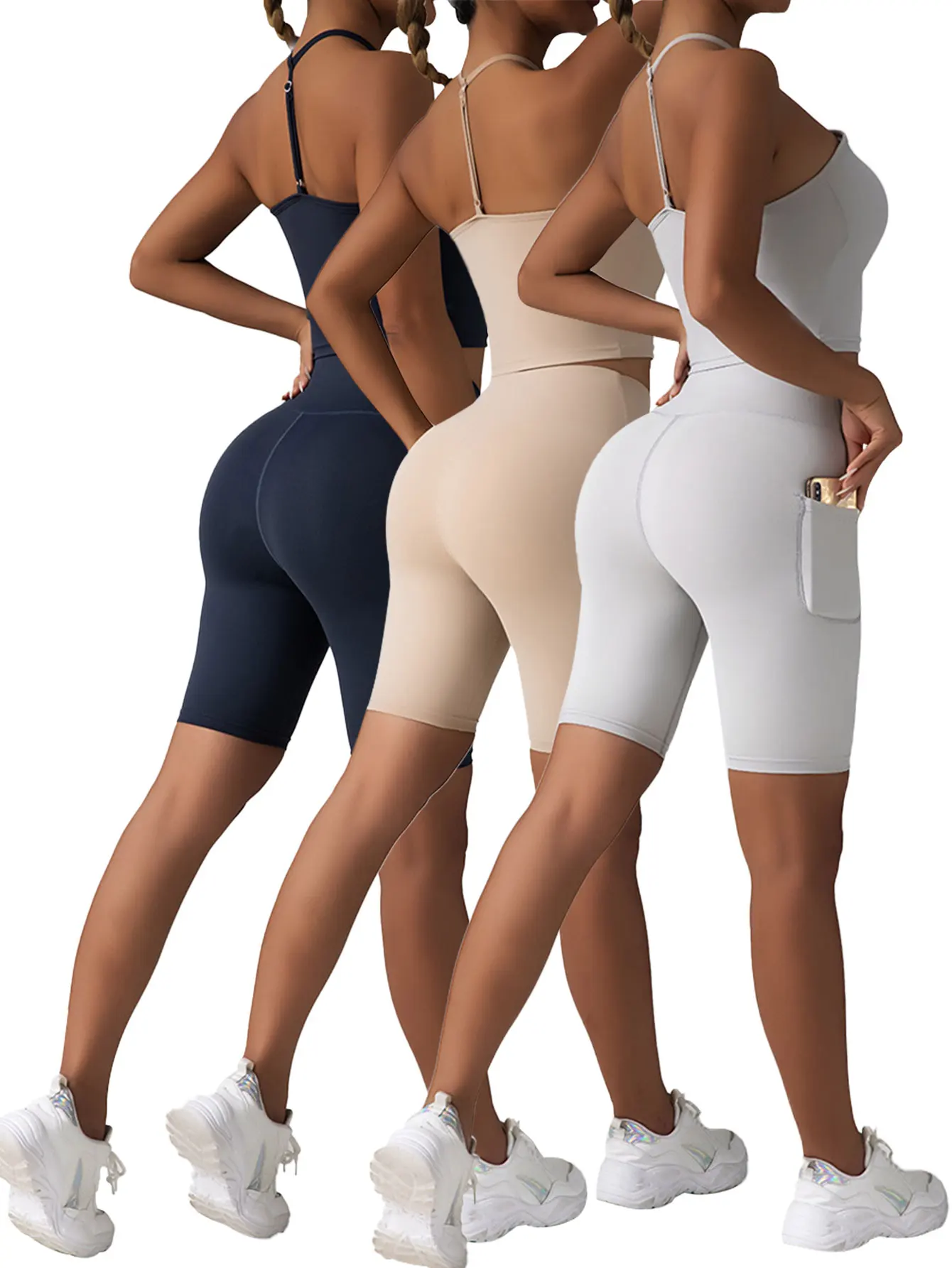 

3 Pack US Local Women's High Waist Yoga Shorts Tummy Control Fitness Athletic Workout Running Shorts With Deep Pockets