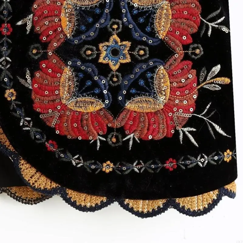 Beach Bohemian Velvet Vest Sequin Accents Floral Embroidered Cropped Sleeveless Cardigan for Daily Wear Travel Festival Outfit