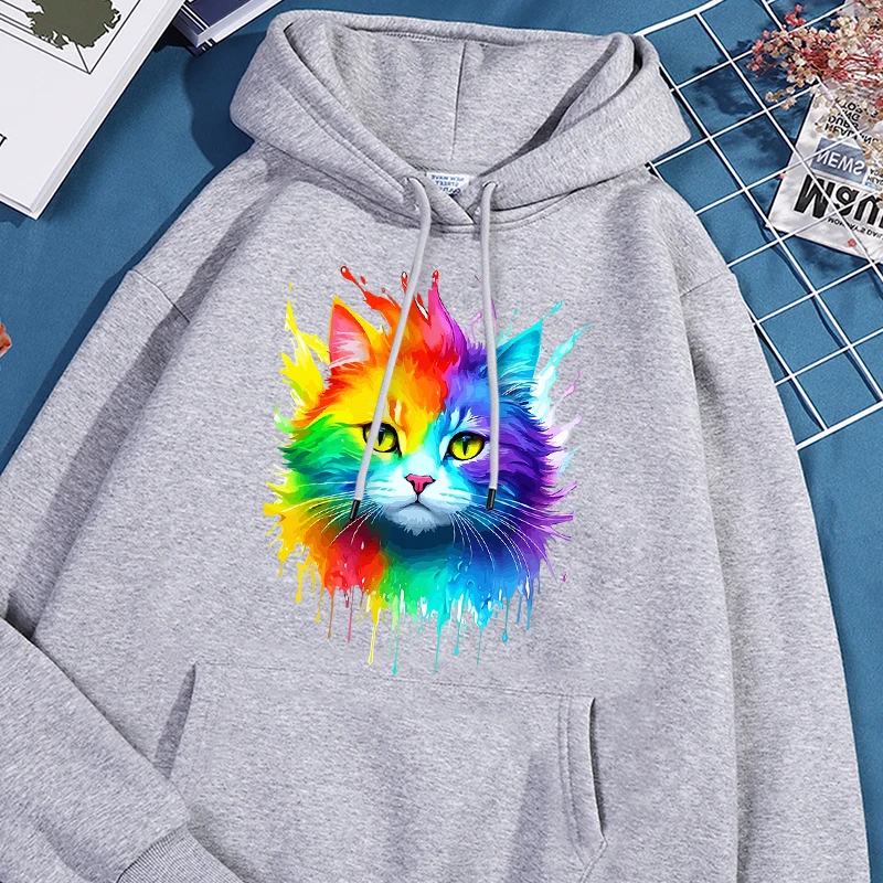 

Colorful Cats Prints Female Hoodie Fashion Versatile Hoody Autumn Casual Loose Sweatshirt Simple Crewneck Fleece Sportswears