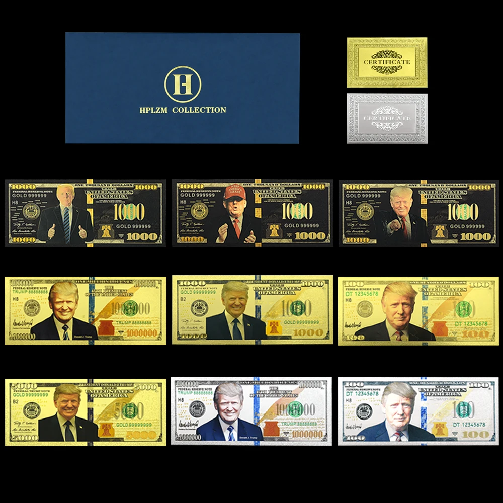 9pcs Trump Gold Banknotes Full Set The US President Commemorative Coupon Black Gold/silver Styles Dollar Movie Money Home Decor