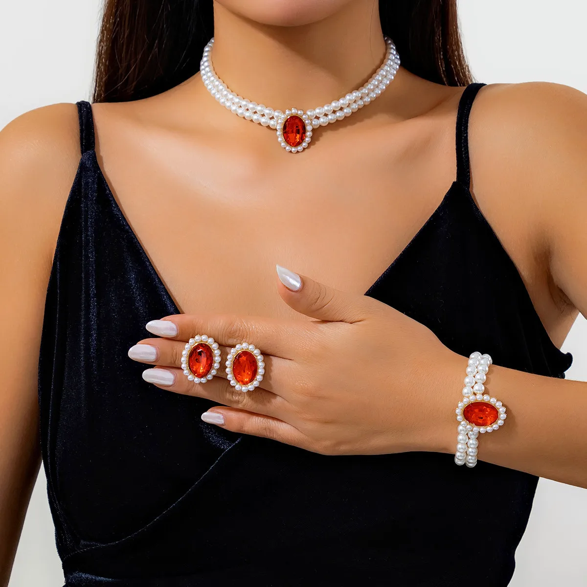 DIEZI Punk Multi layer Round Imitation Pearl Beads Necklace Earrings Bracelet Vintage Jewelry Sets Party Gift 2023 New Jewelry