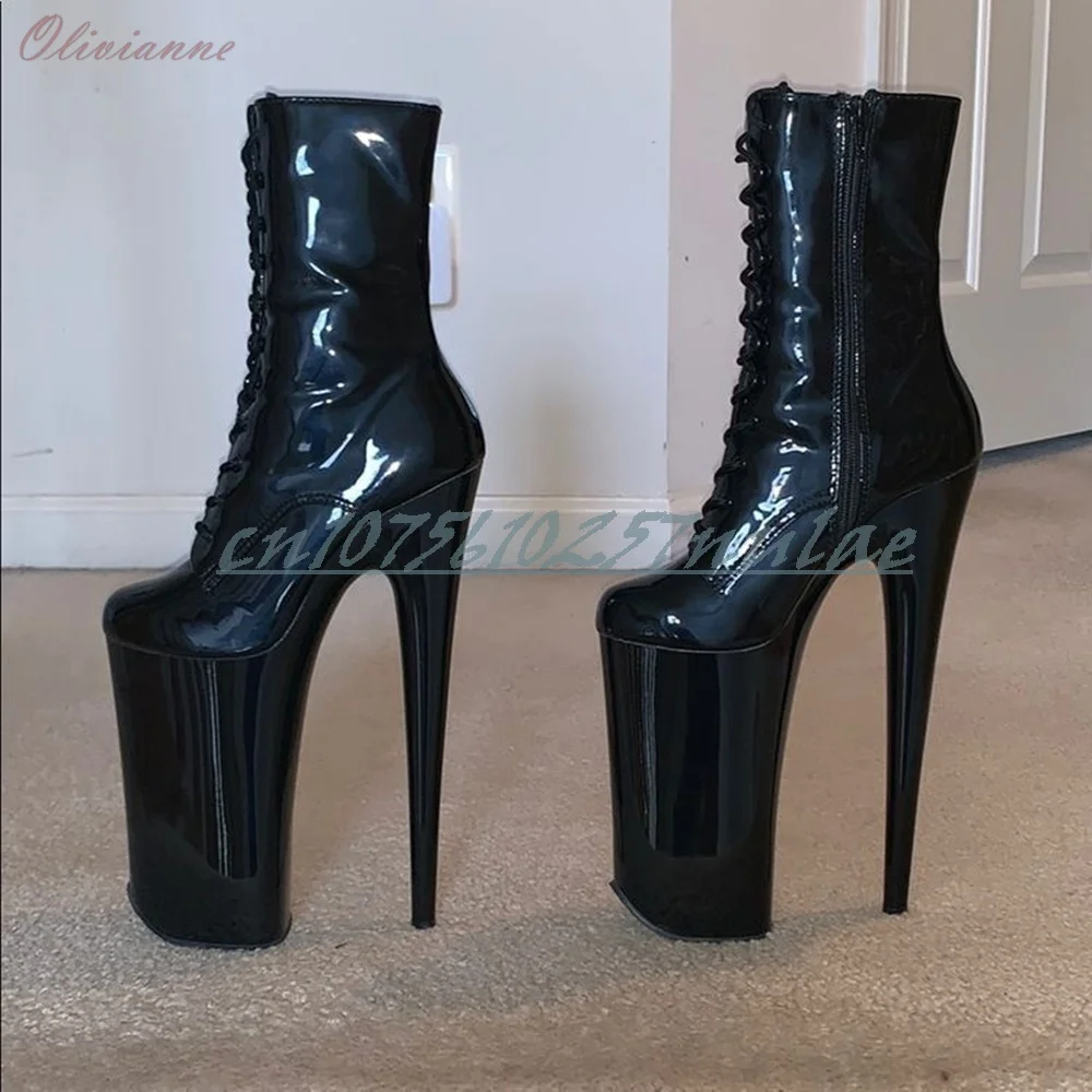 Front Lace-up Black Patent Leather Ankle Boots Platform Side Zipper Pole Dance Women Shoes Lady Short Boots Zapatos Para Mujere