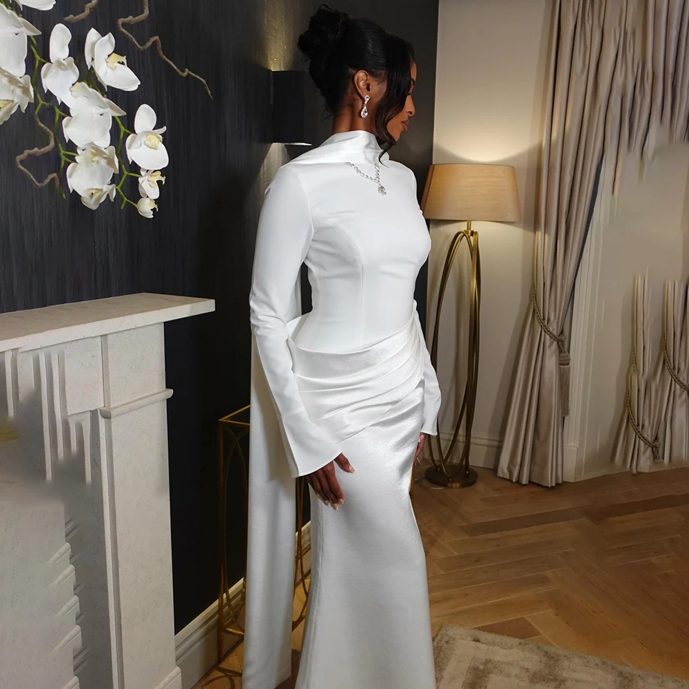 

Custom Made Classic O-neck Satin Pleated Formal Evening Dress Sheath Floor Length Backless Prom Party Gown with Long Sleeve