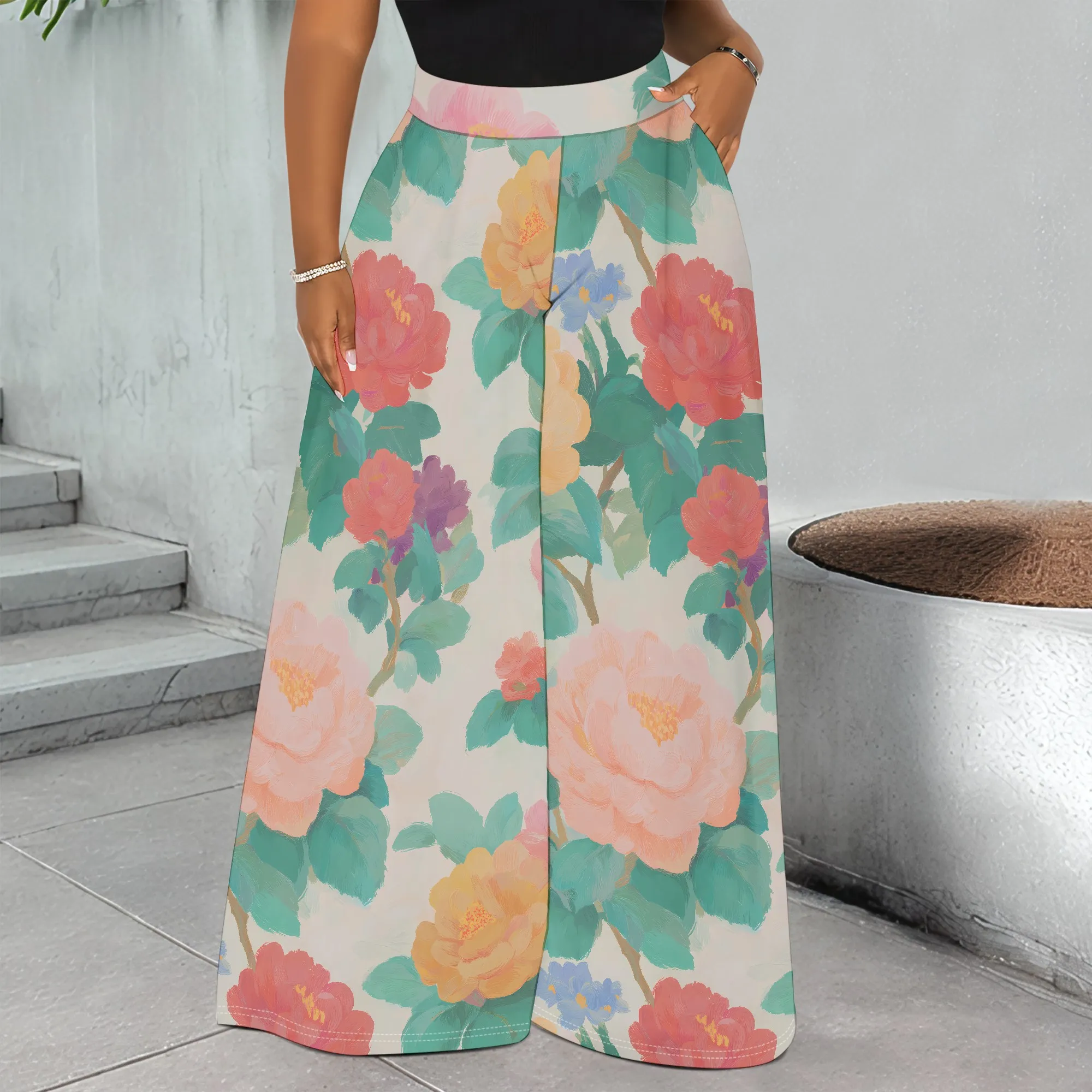 

Floral Wide Leg Pants, Pink Rose Print Trousers, Green Leaf Pattern Bottoms, Casual Beach Vacation Wear, S-3XL