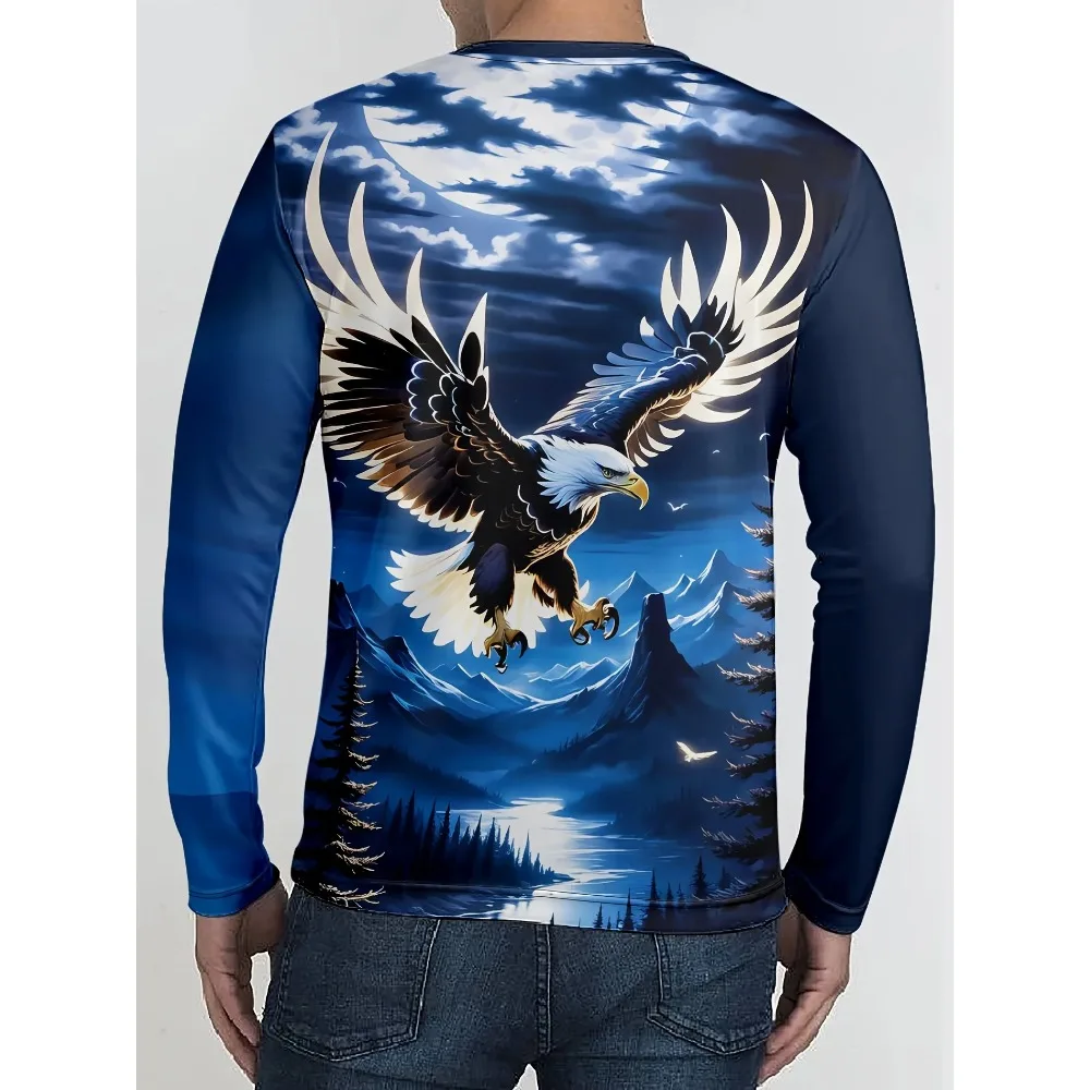 Casual Athletic Long Sleeve T-Shirt Eagle Print Polyester Knit Fabric Round Neck Regular Fit Pullover Oversized Y2K Streetwear