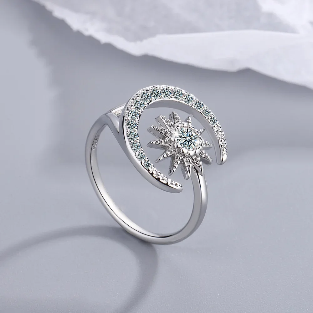 Real 925 Sterling Silver Zircon Star Moon Finger Rings For Women Girls Wedding Gift Party Jewelry Anillos Mujer