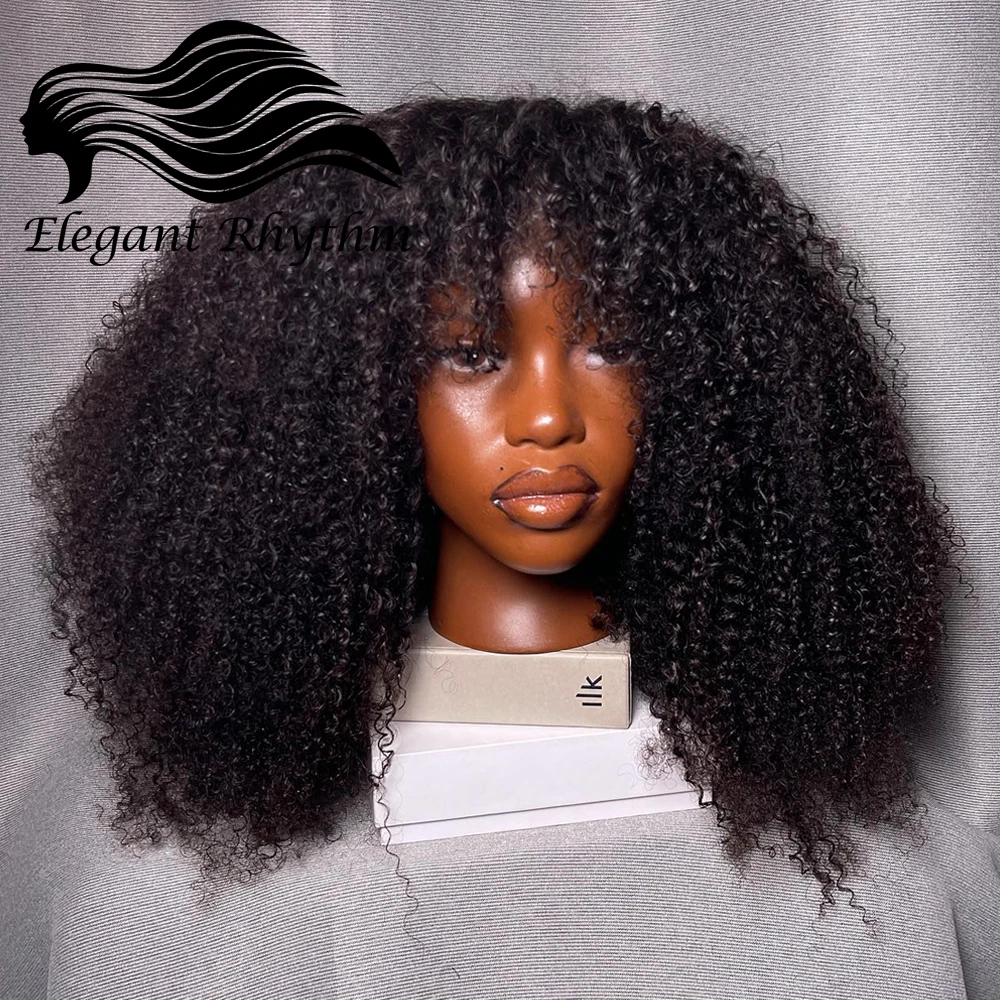 Afro Kinky Krullend Menselijk Haar Pruiken Met Pony 200% Dichtheid Remy Menselijk Haar Lijmloze Pruik Afro Krullend Fringe Pruiken voor Zwarte Vrouwen