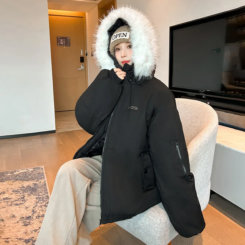 Retro gola destacável neve parka com capuz jaquetas inverno engrossado quente solto casual algodão-acolchoado jaqueta parkas roupas femininas