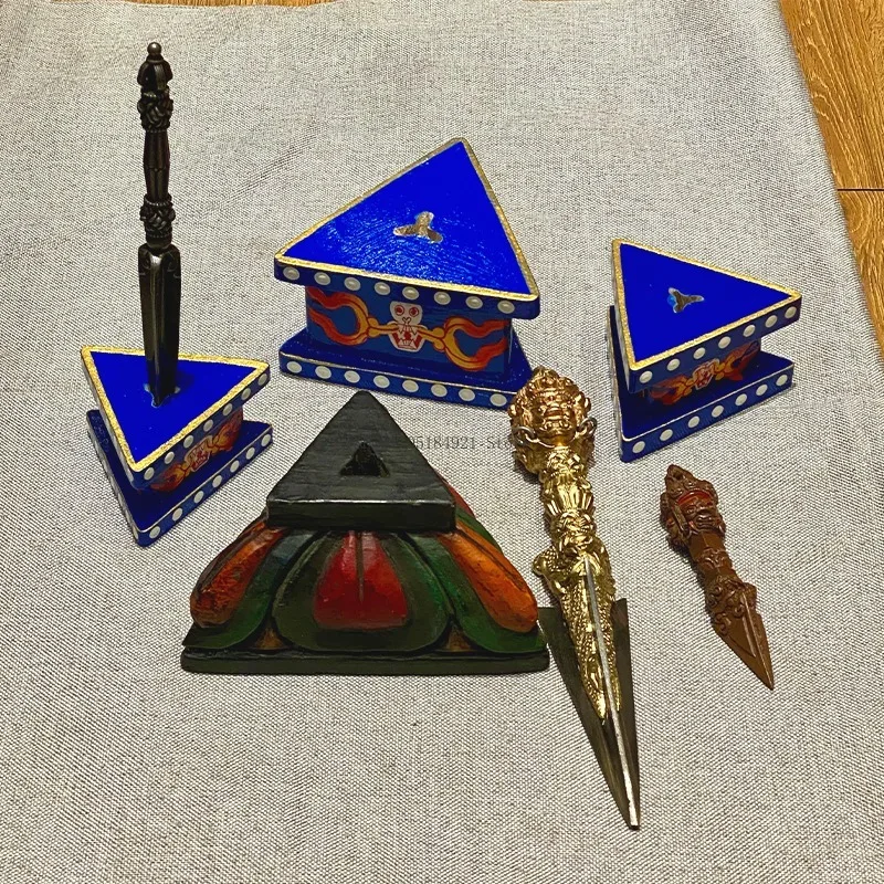 Nepalese Craft Bhutanese Hand-painted Solid Wood Applicative 30-40CM Vajra Pestle Base Stand Home Buddhist Temple Ornaments