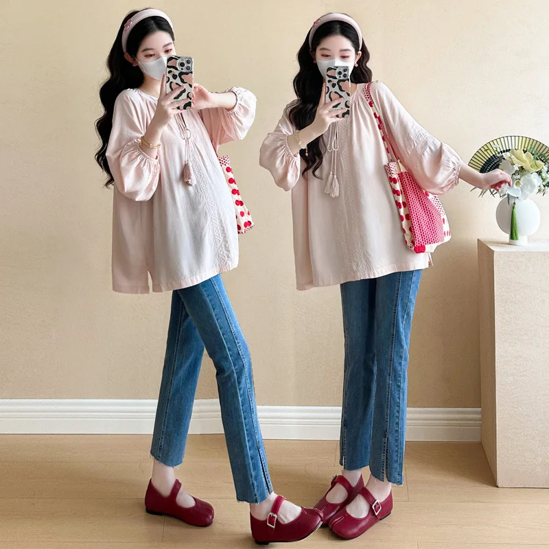 الأمومة أعلى 2025 الخريف جديد الكورية نمط فضفاض تنوعا الحد الأدنى لطيف فانوس كم بيبي دول بلوزة منتصف طول القمصان