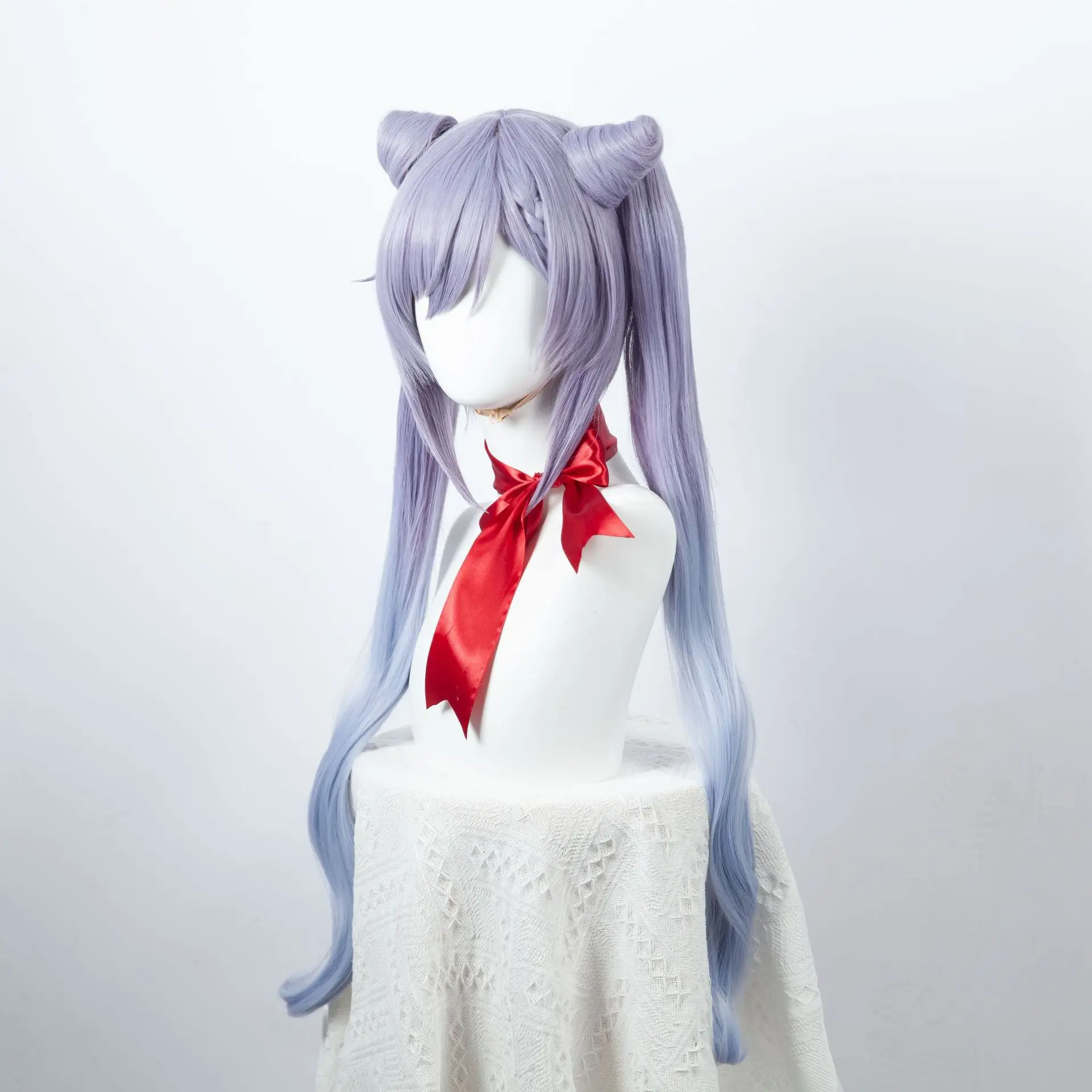 Genshin impacto trovão chuva keqing misto cinza e roxo gradiente tranças duplas chifre coque peruca cosplay