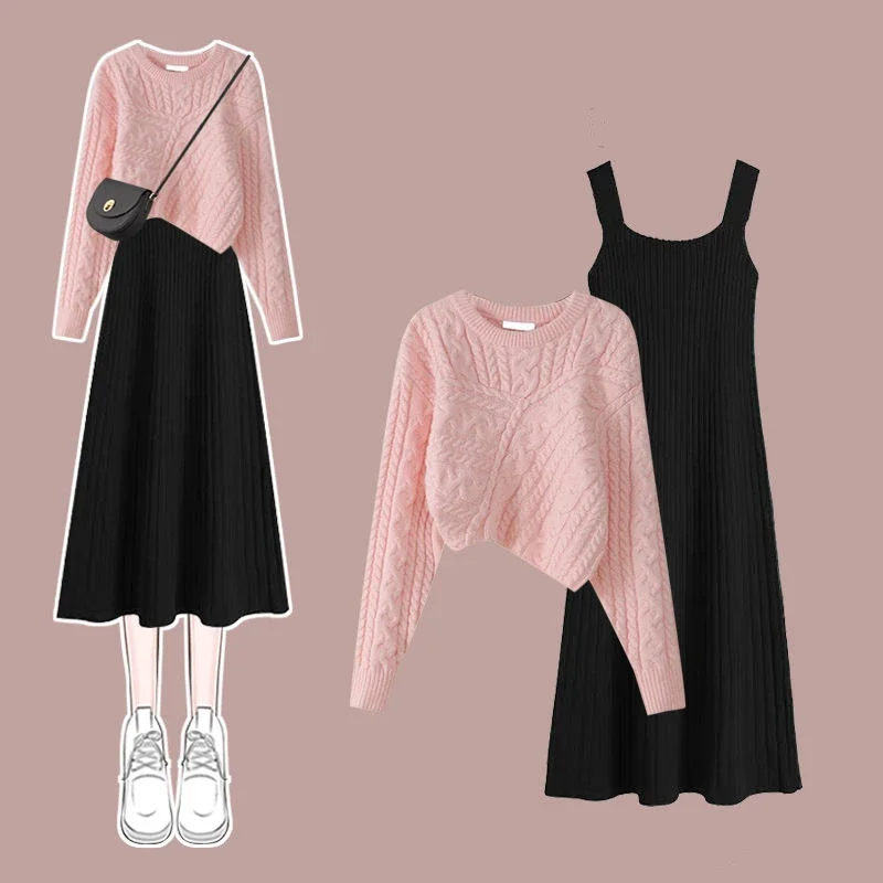 

2024 Korean Elegant Autumn Winter New Chic Irregular Knit Sweater+Strap Skirt Two-piece Suit Women's Pullover Dress Matching Set