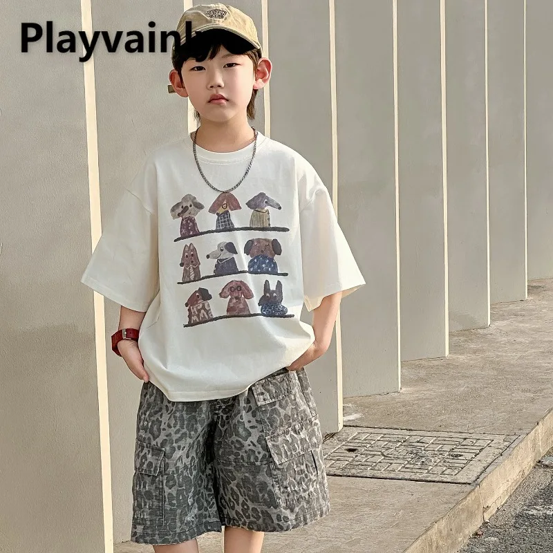 

Boys' Summer Set Children Korean Style Cartoon Dog Short Sleeve Loose T-shirt Leopard Pattern Middle Pants Kids Clothing A05220