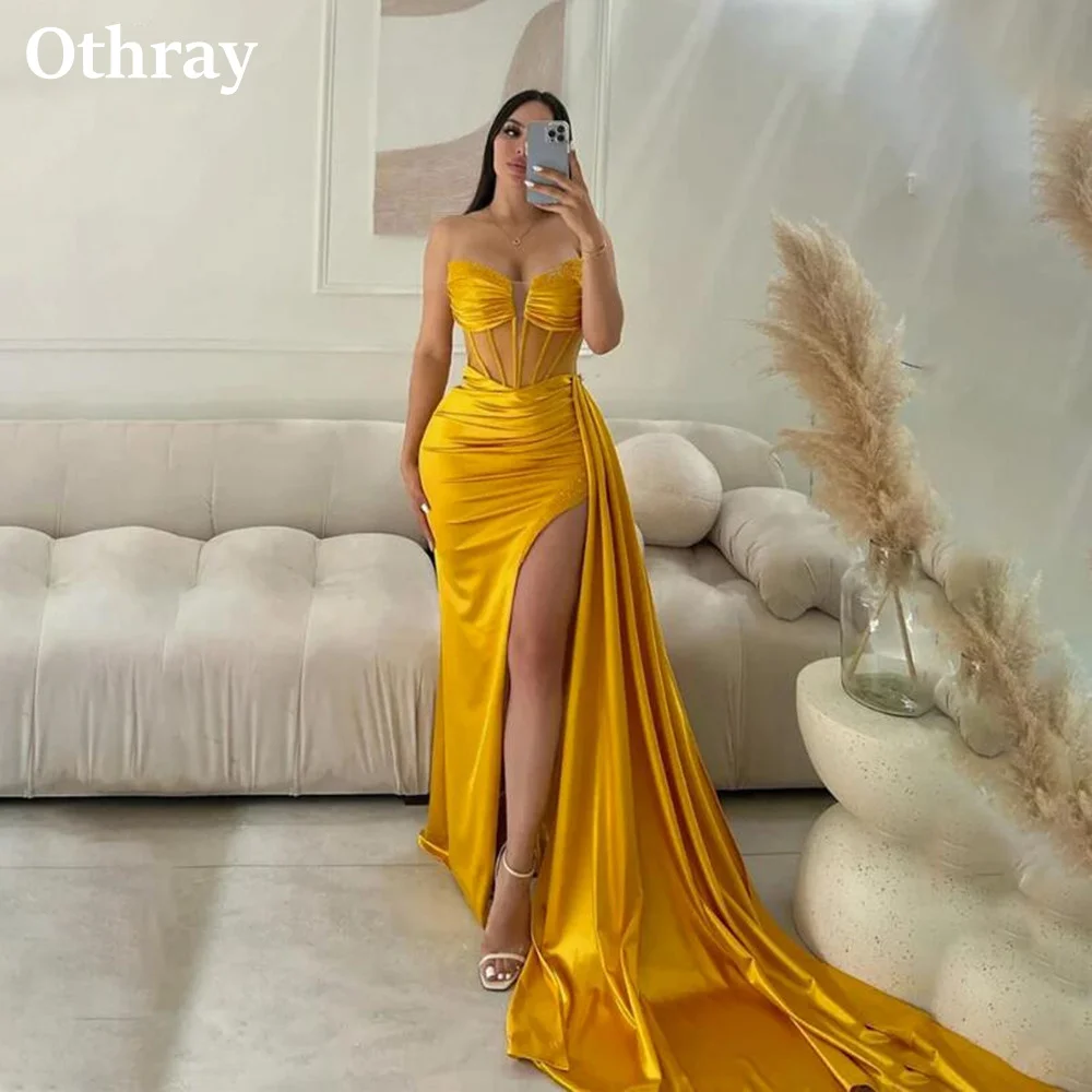 Charmoso vestidos de baile amarelo exposto desossa lado split sereia formal vestidos de noite longo trem lateral robe de soiree