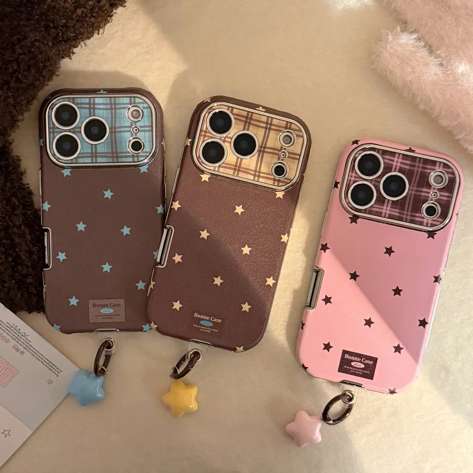 Funda retro coreana con estrellas y textura de cuero cromado para iPhone 17 16 15 Plus 14 13 12 11 Pro Max, con colgante, a prueba de golpes 3
