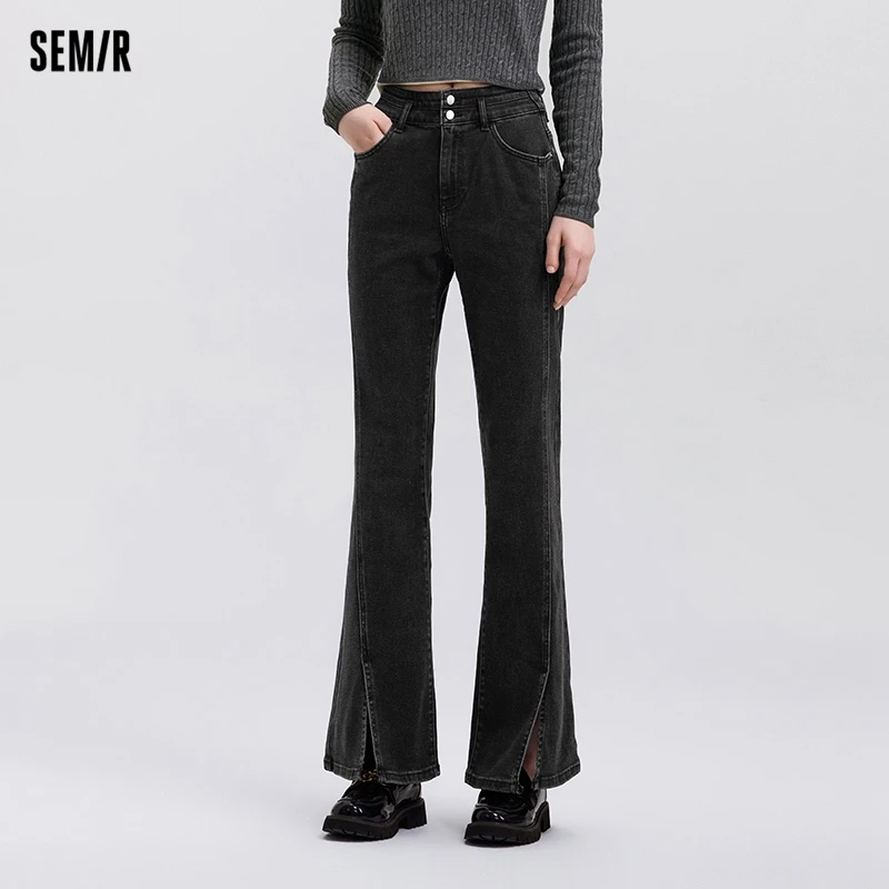 Semir Jeans Dames Lange broek met hoge taille en split Lente Patchwork Flare-broek Beenverlenging