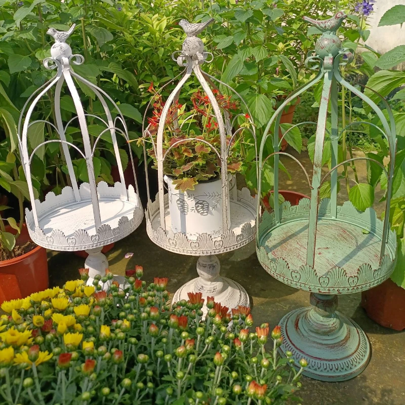 

Lace Birdcage Tray Flower Stand Vintage Iron Plant Rack Balcony Climbing Support Stand Courtyard Gardening Flower Pot Rack