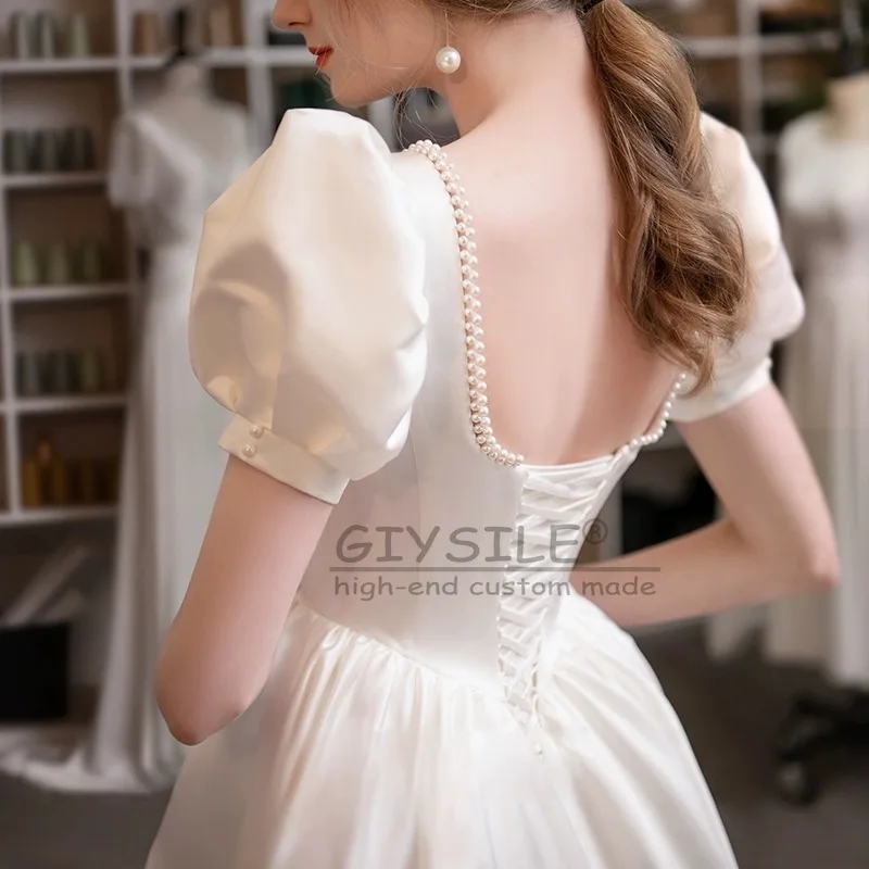 

GIYSILE Customized Bomaris White Puffy Sleeves Wedding Dress Robe De Mariee Fashion Plears Princess Formal Bridal Gowns vestidos