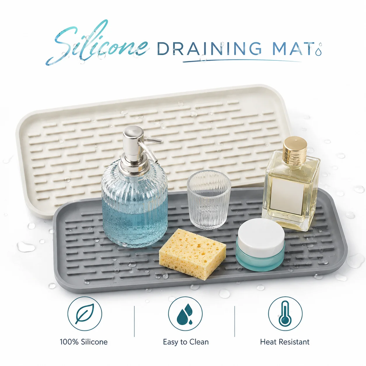 2 Pack Silicone Sink Organizer Tray Dish Drying Mat Sponge Holder Drink Dispenser Drip Tray Heat Resistant for Kitchen Bathroom