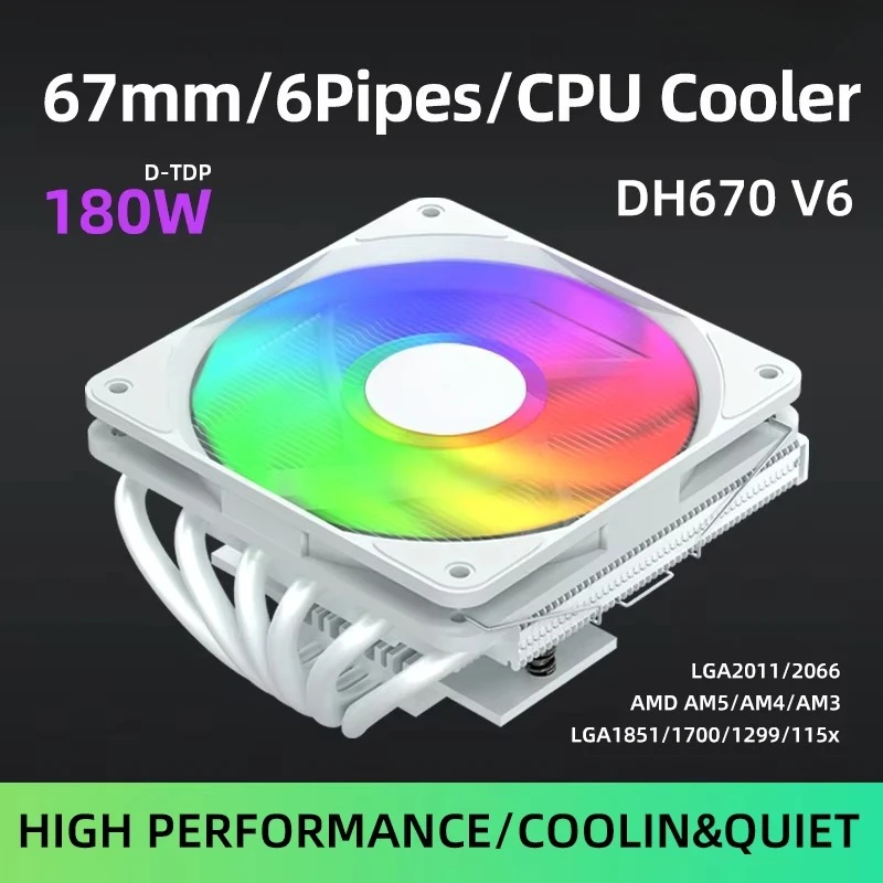 DH670 Low Profile CPU Cooler 6 Heatpipes 67mm Height ITX CPU Radiator 120mm PWM Fan For LGA 1700 1200 2011 AM4 AM5