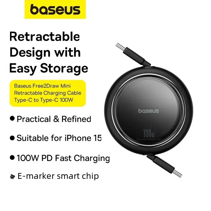 Baseus Retractable PD 100W Type-C To Type-C Charing Cable For iPhone 16 15 Pro Max Fast Charger Type C Cable For MacBook iPad