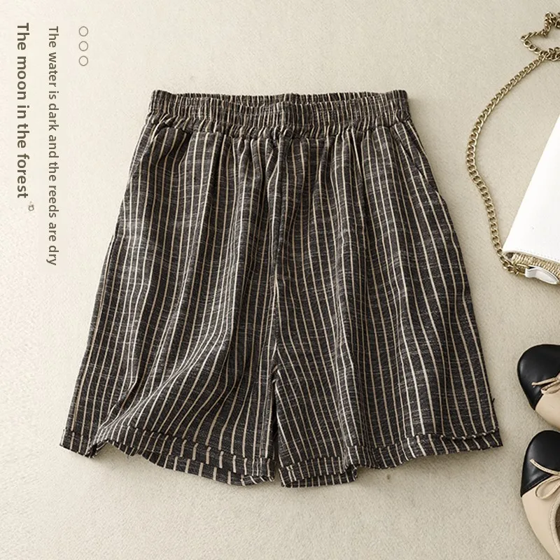 

Summer Women's Loose Large Size Slim A-Line Wide Leg Pants Casual Hot Shorts Skirt Stripe Single Cotton Linen Short Pants