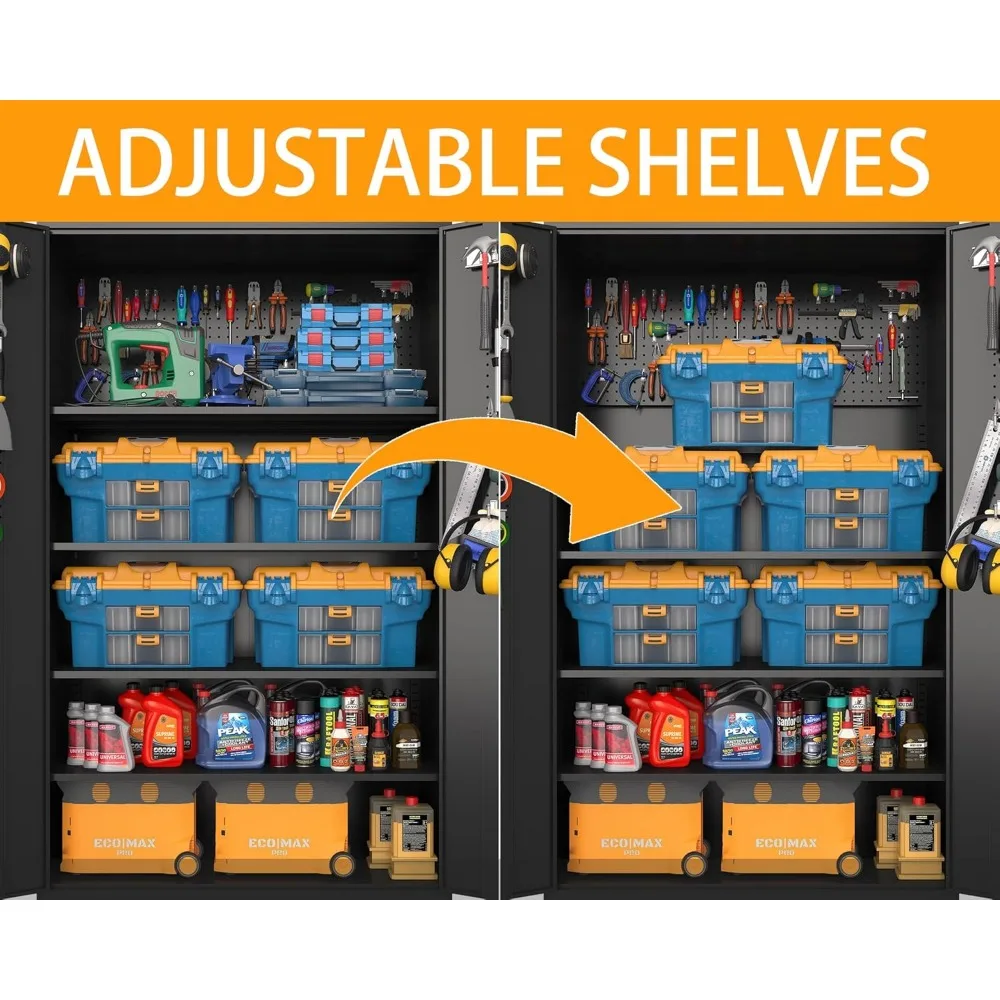 Storage Cabinet with Doors & 4 Adjustable Shelves | Heavy-Duty Black Lockable Garage Cabinet with Wheels & Pegboard